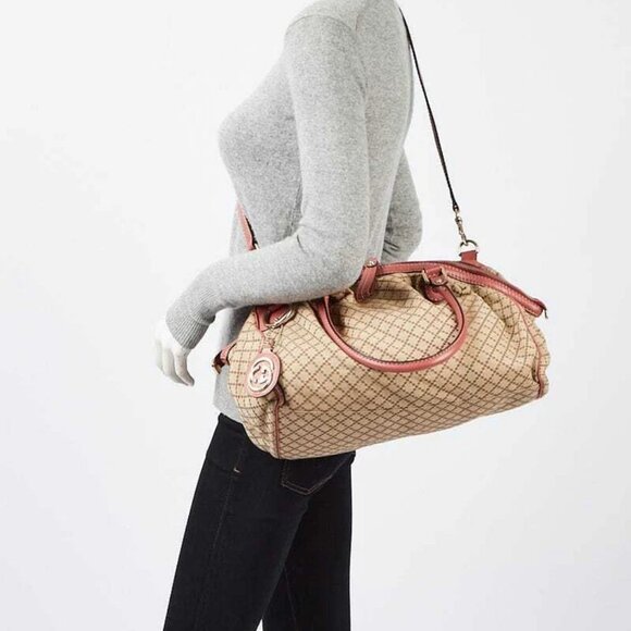 Gucci Beige/Pink Diamante Canvas Sukey Medium Boston Bag - Picture 2 of 12